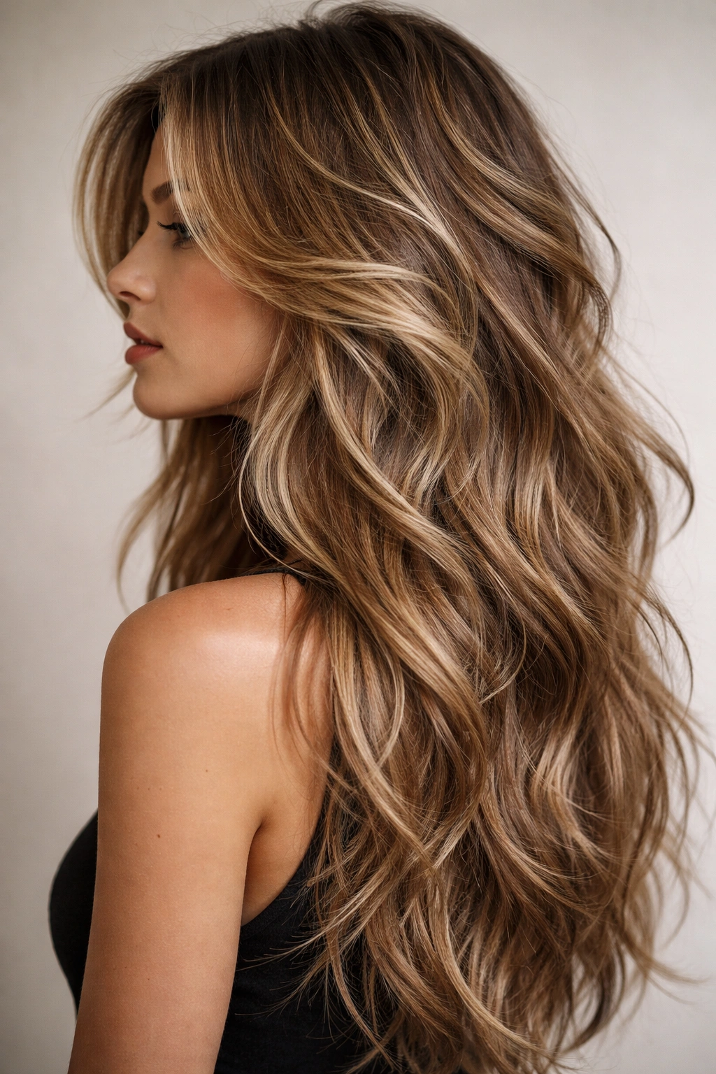 Long wavy hair with choppy layers creating bold texture and movement.