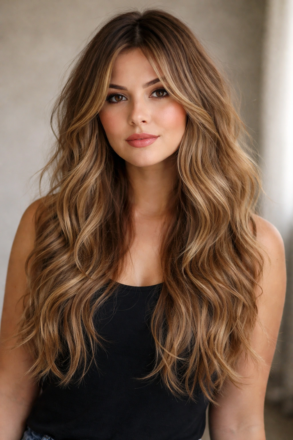 Long hair with choppy layers and textured waves cascading over the shoulders