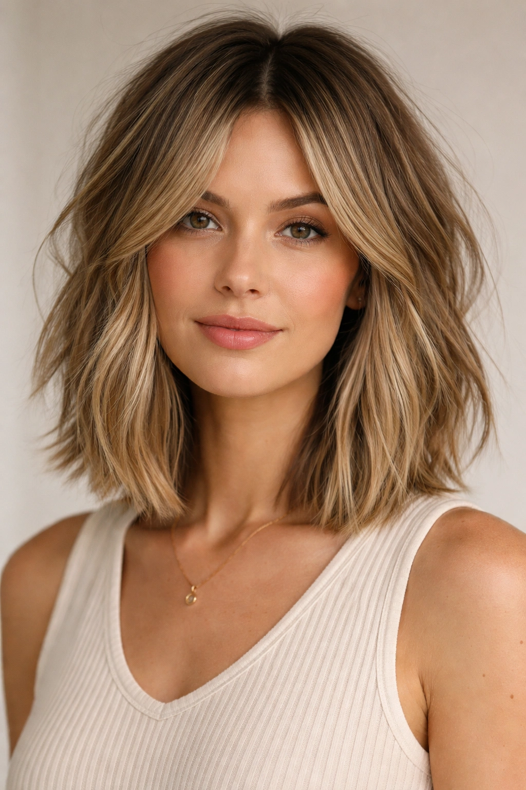 Choppy lob with face-framing pieces showing dimensional texture