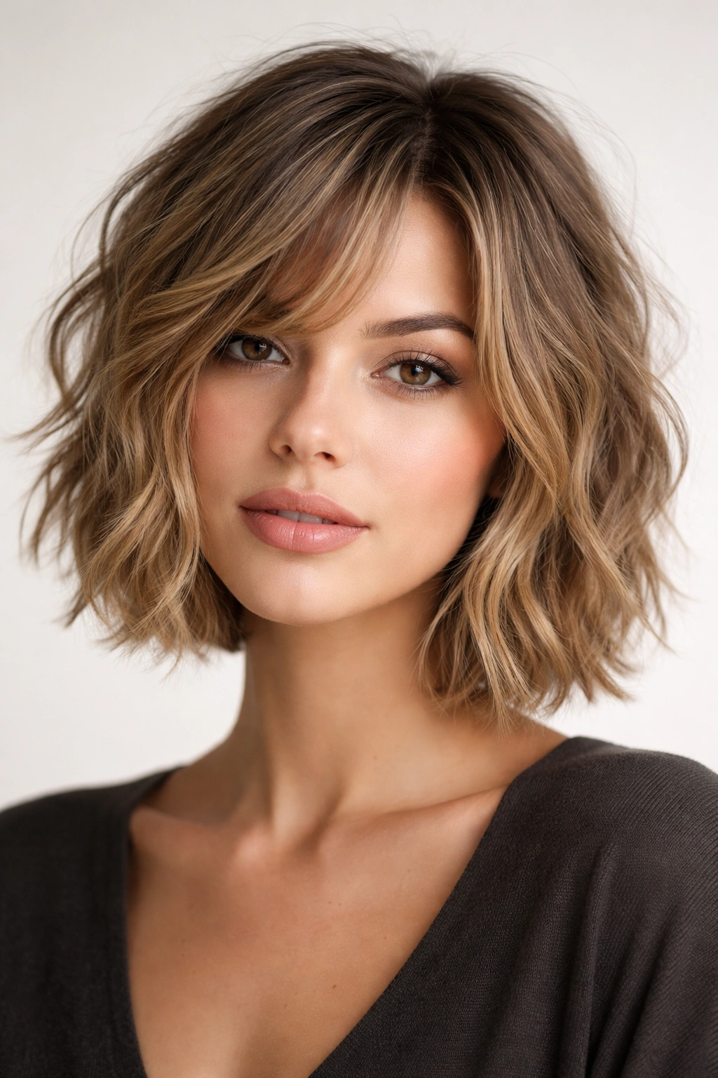 Chin-length choppy lob with varied layers and wave texture