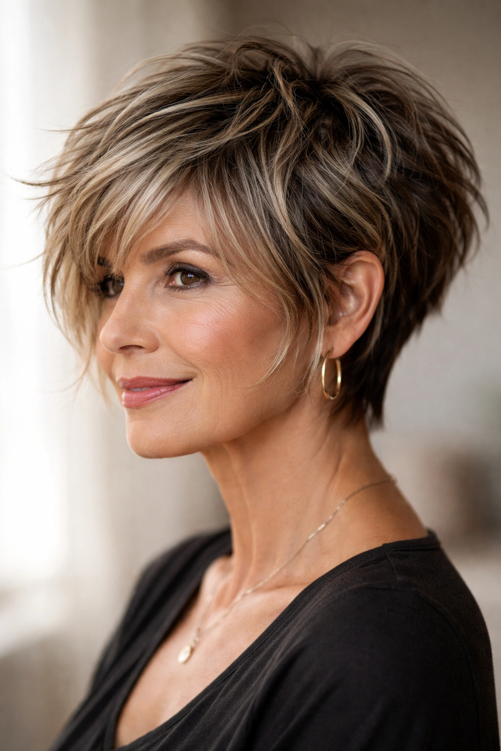 Short choppy pixie-bob hybrid with textured crown and bob-length sides