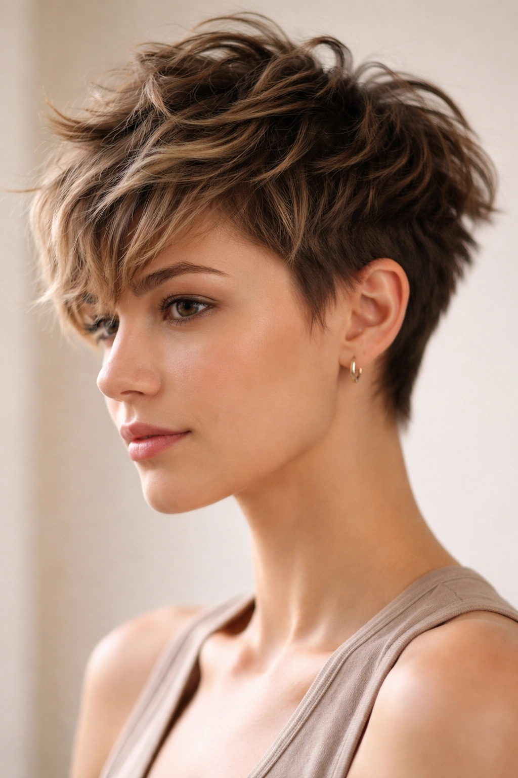 Choppy wavy pixie hairstyle with textured top