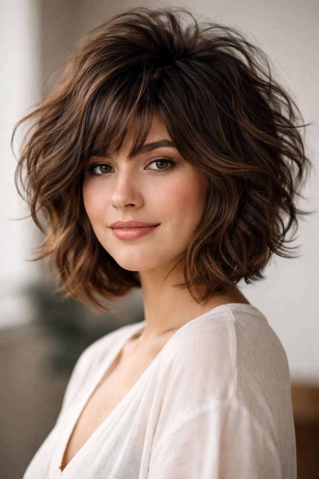 Choppy shag with crown-height volume on a round-faced silhouette.