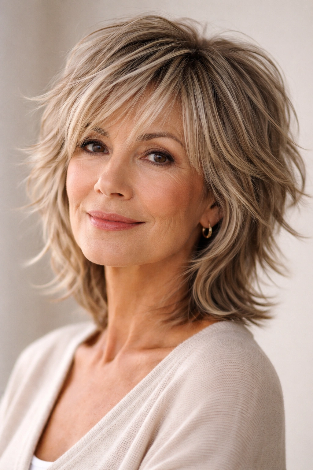 Choppy shag haircut with a very short crown and longer textured layers for movement.