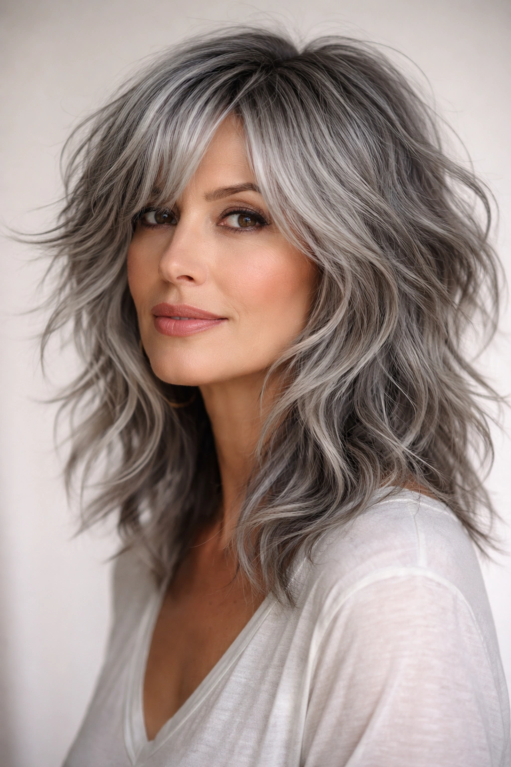 Choppy shag waves in gray hair with layered texture and edge