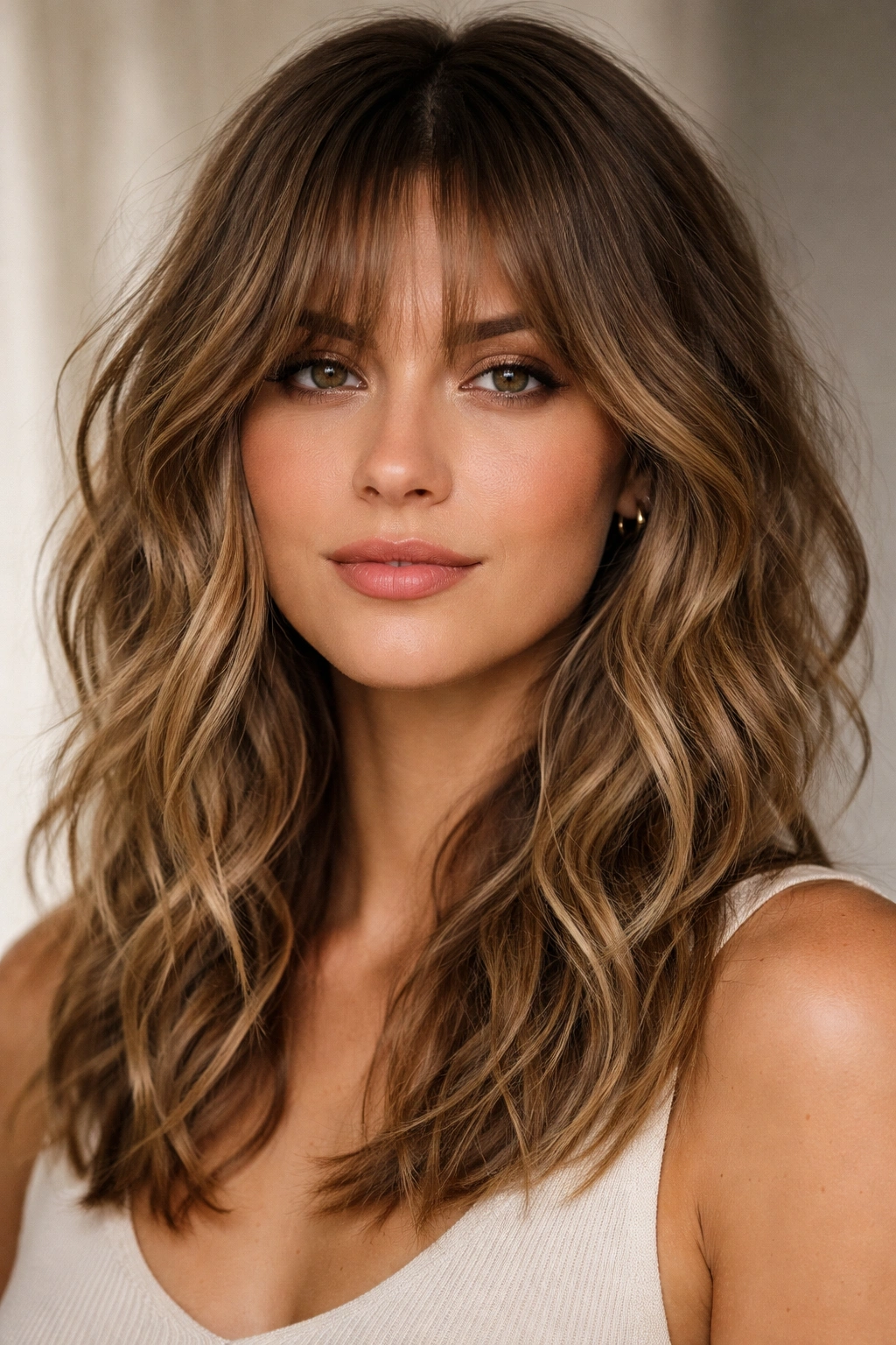 Close-up of choppy textured curtain bangs with piece-y layers in wavy hair