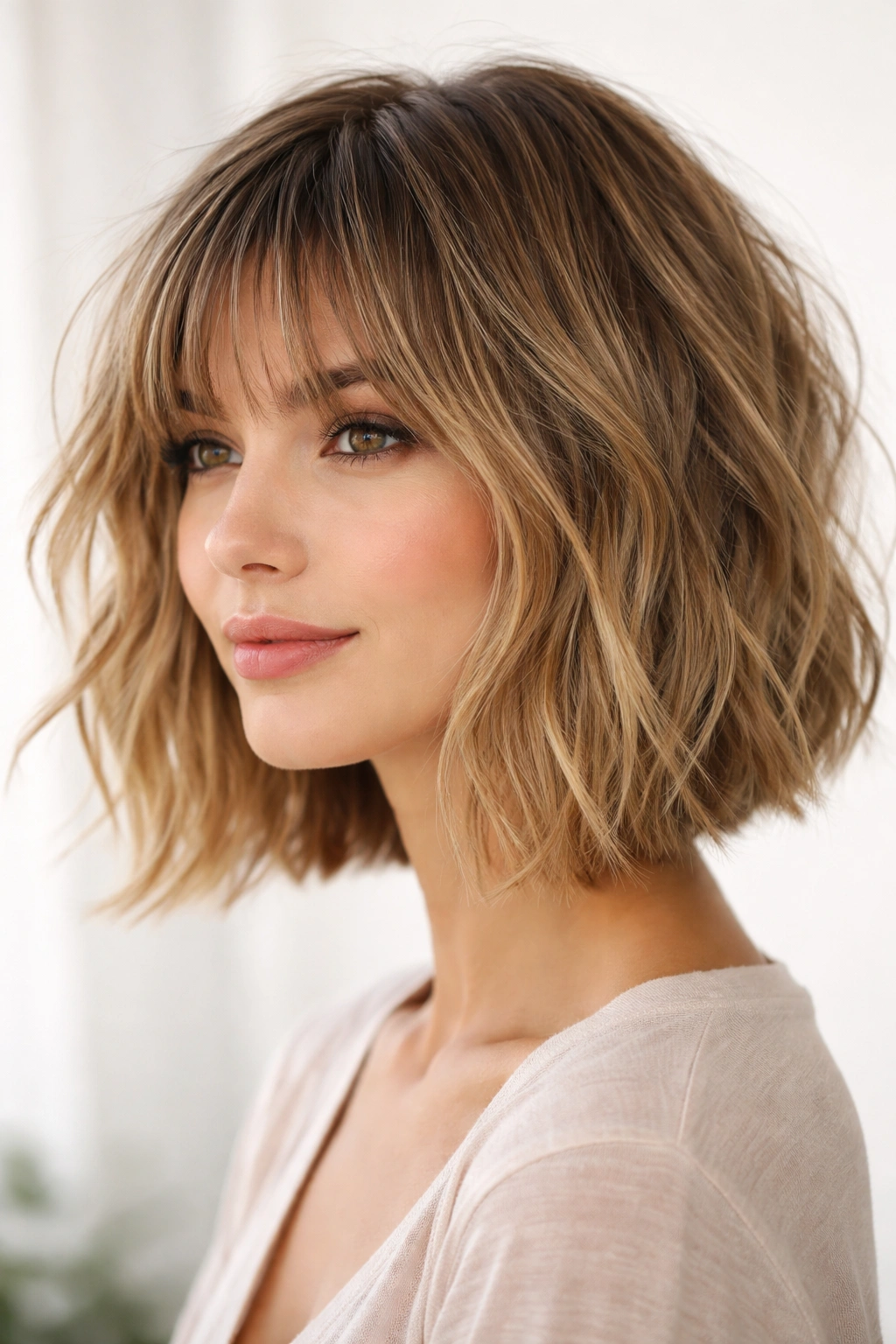 Choppy textured bob with piecey bangs on fine, wavy hair.