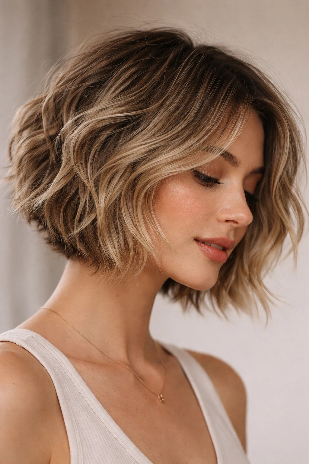 Choppy chin-length bob showing distinct layered texture and depth
