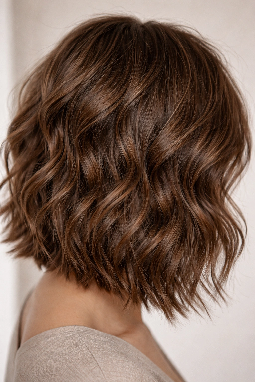 Close-up of medium brown hair with choppy texture and soft waves.