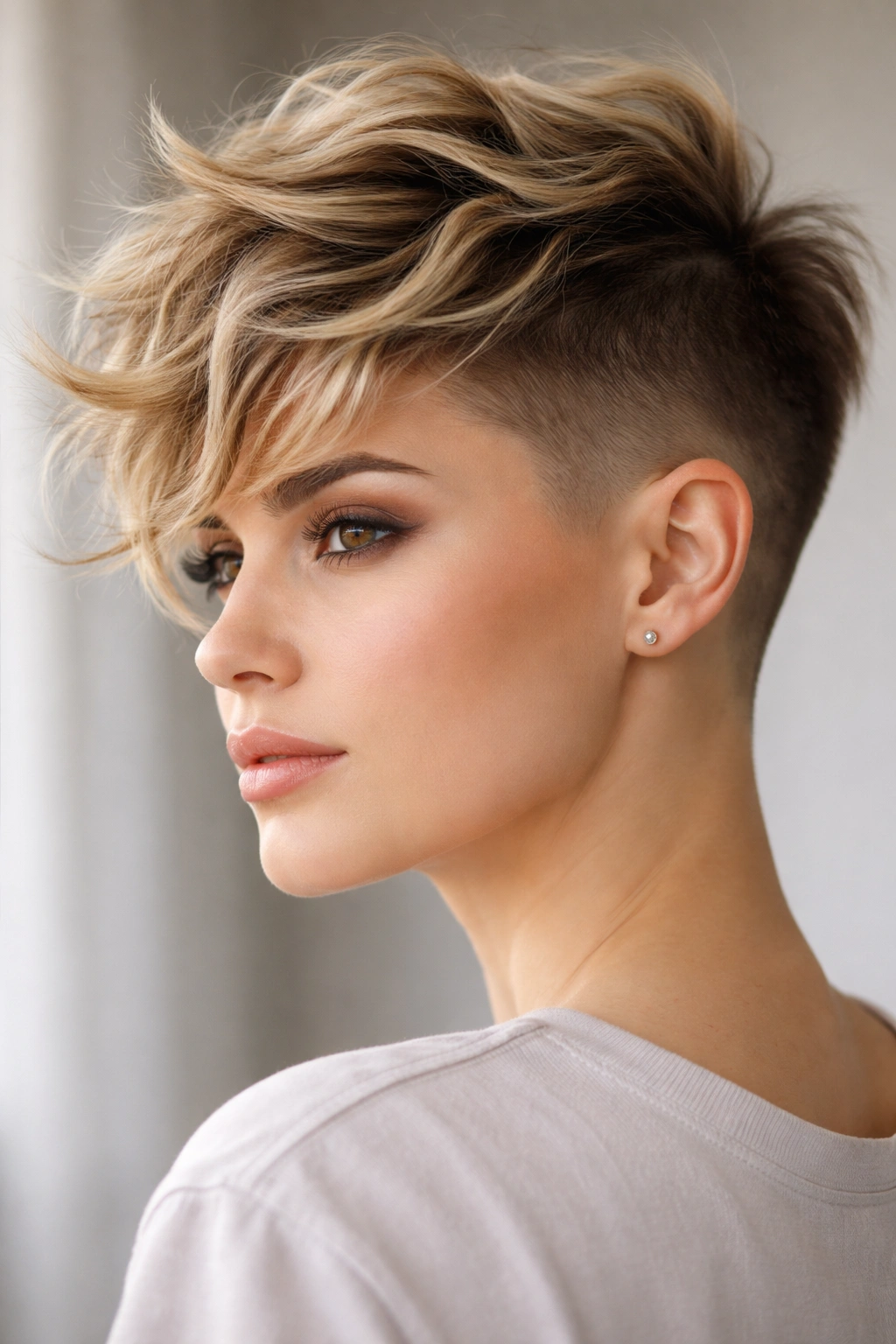 Close-up head-and-shoulders portrait of a model with a choppy undercut and textured top