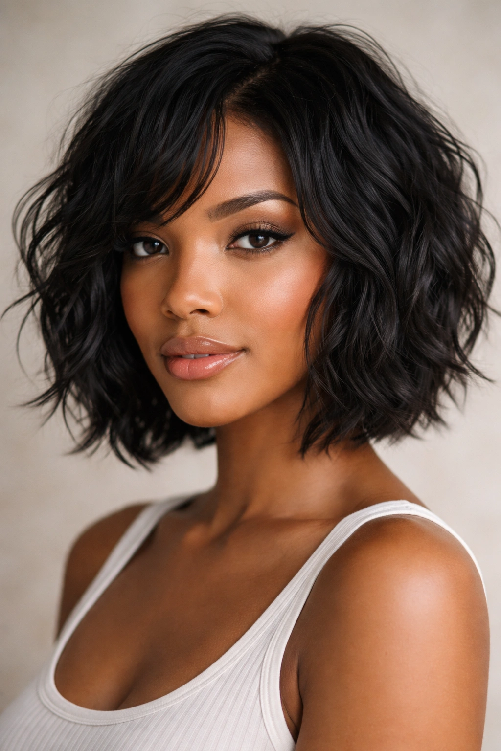 Choppy chin-length waves with uneven texture and movement.
