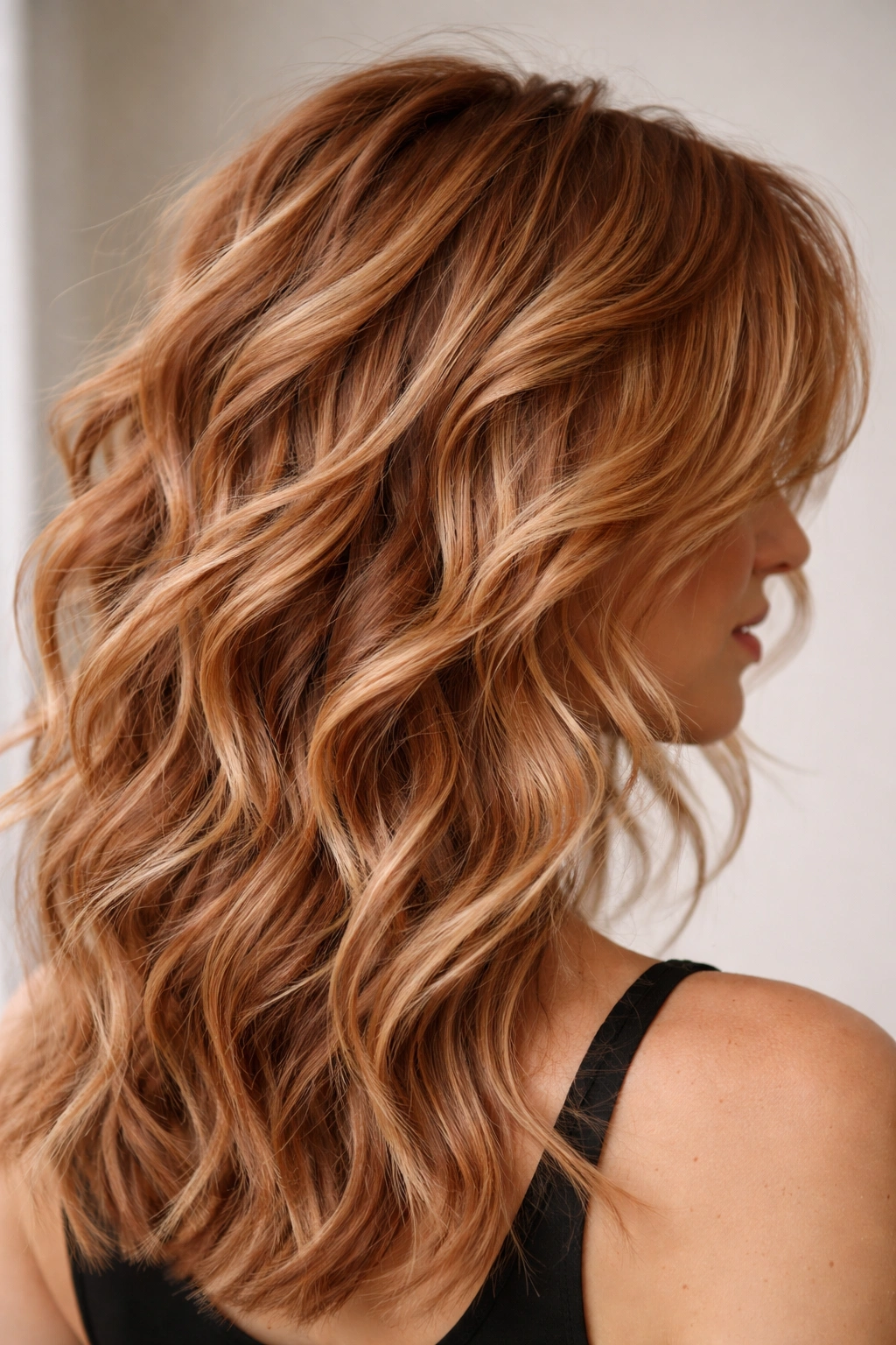 Close-up of choppy layered waves in strawberry blonde hair