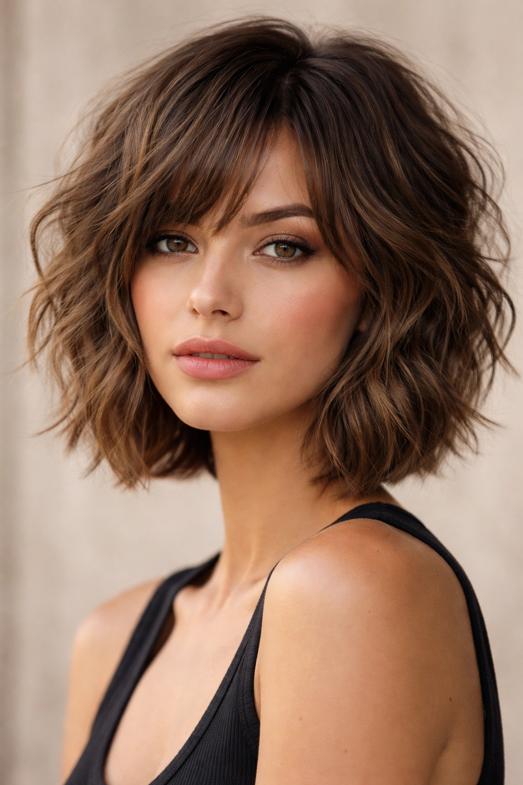 Close shot of a short hairstyle with choppy waves and longer soft bangs