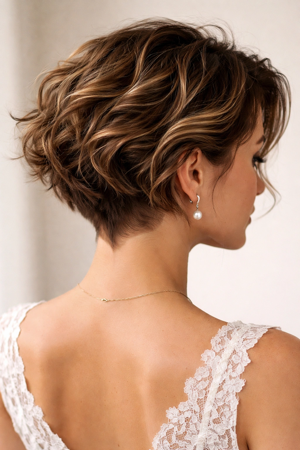 Choppy waves with hidden shaved detail at the nape for bridal look