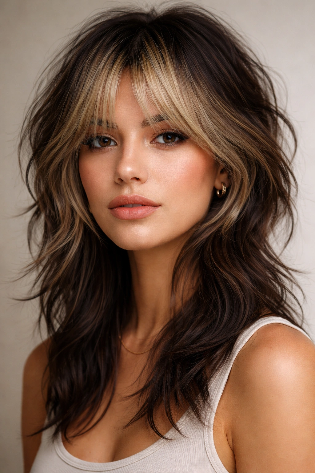 Close-up of a person with grown-out roots and dark ends on a choppy wolf cut