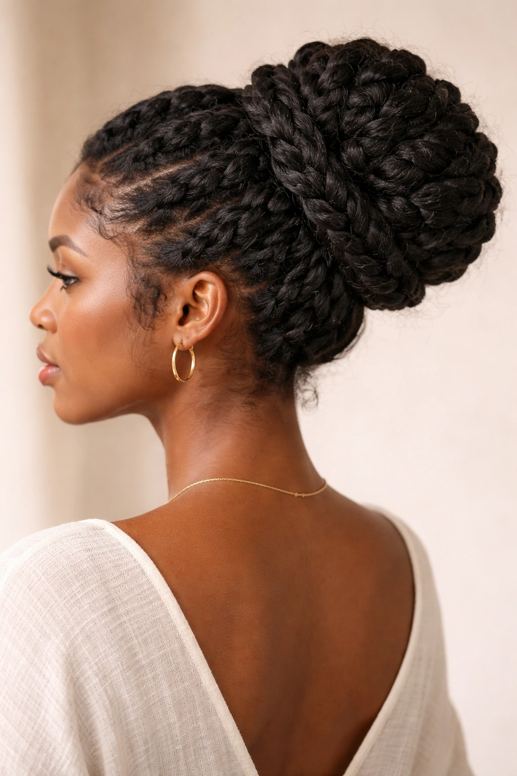 Chunky braided bun showing thick braid texture on natural hair