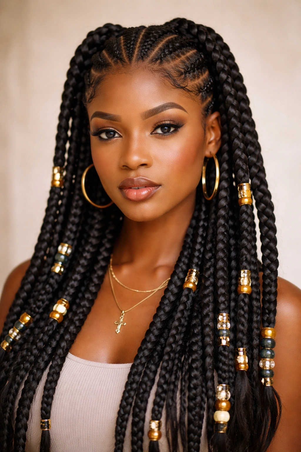 Front-facing view of cornrows at the crown with thick hanging braids and beads