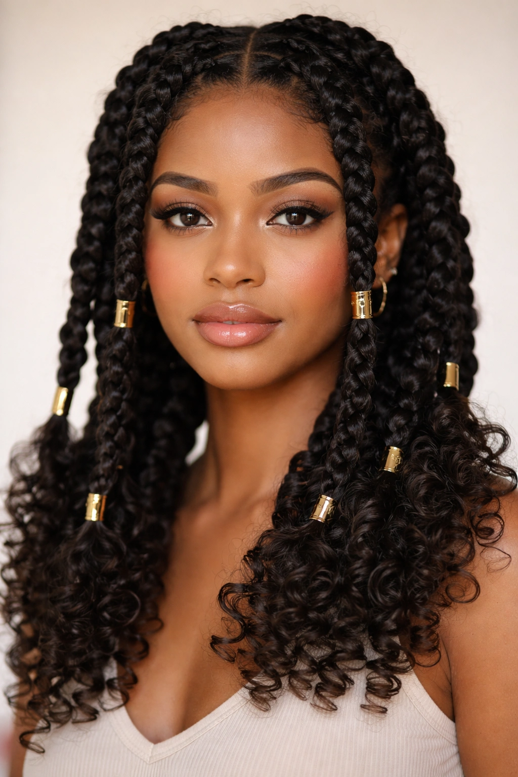 Chunky braids with curly ends and accessories on 3c hair