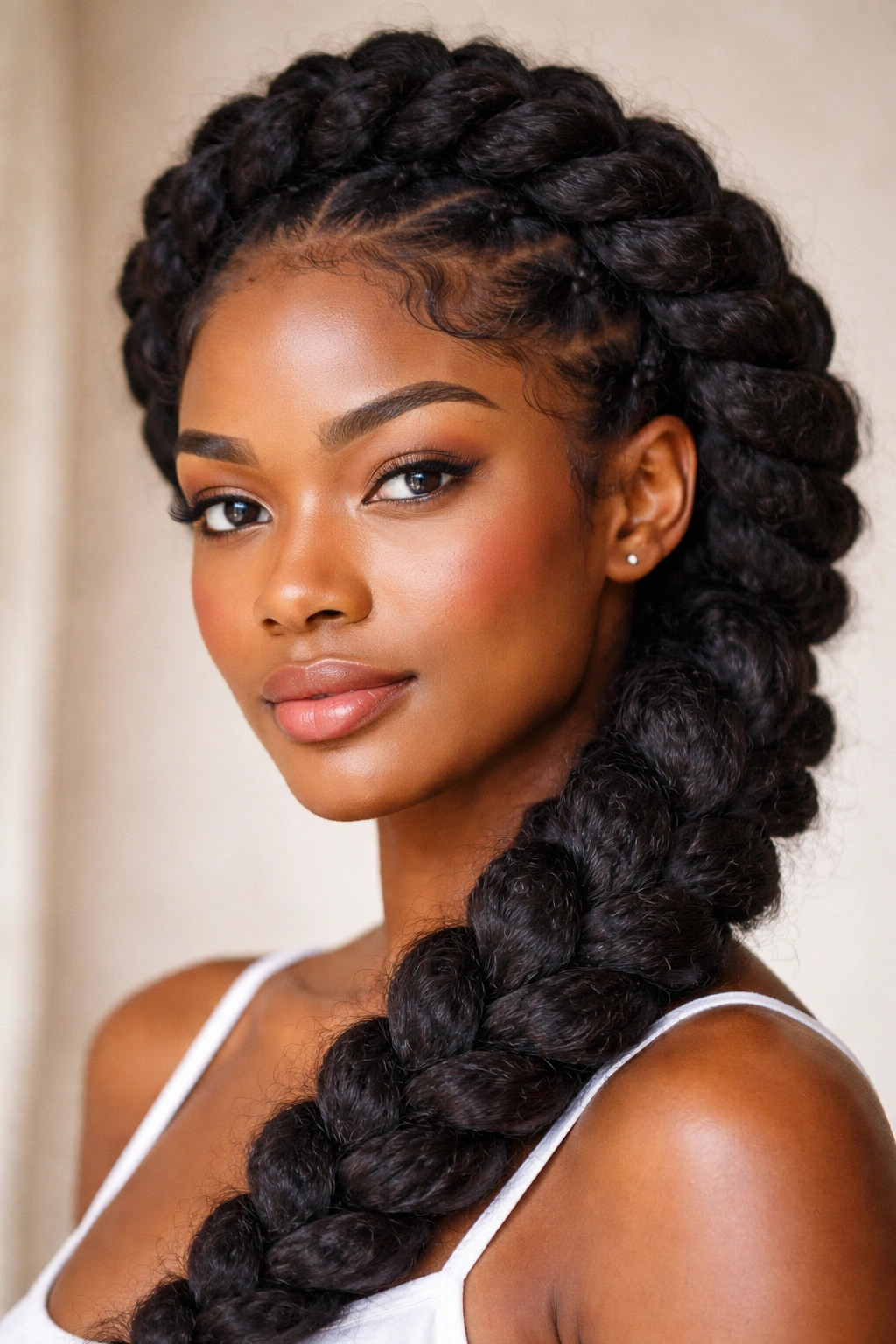 Bold oversized three-strand braids arranged around head