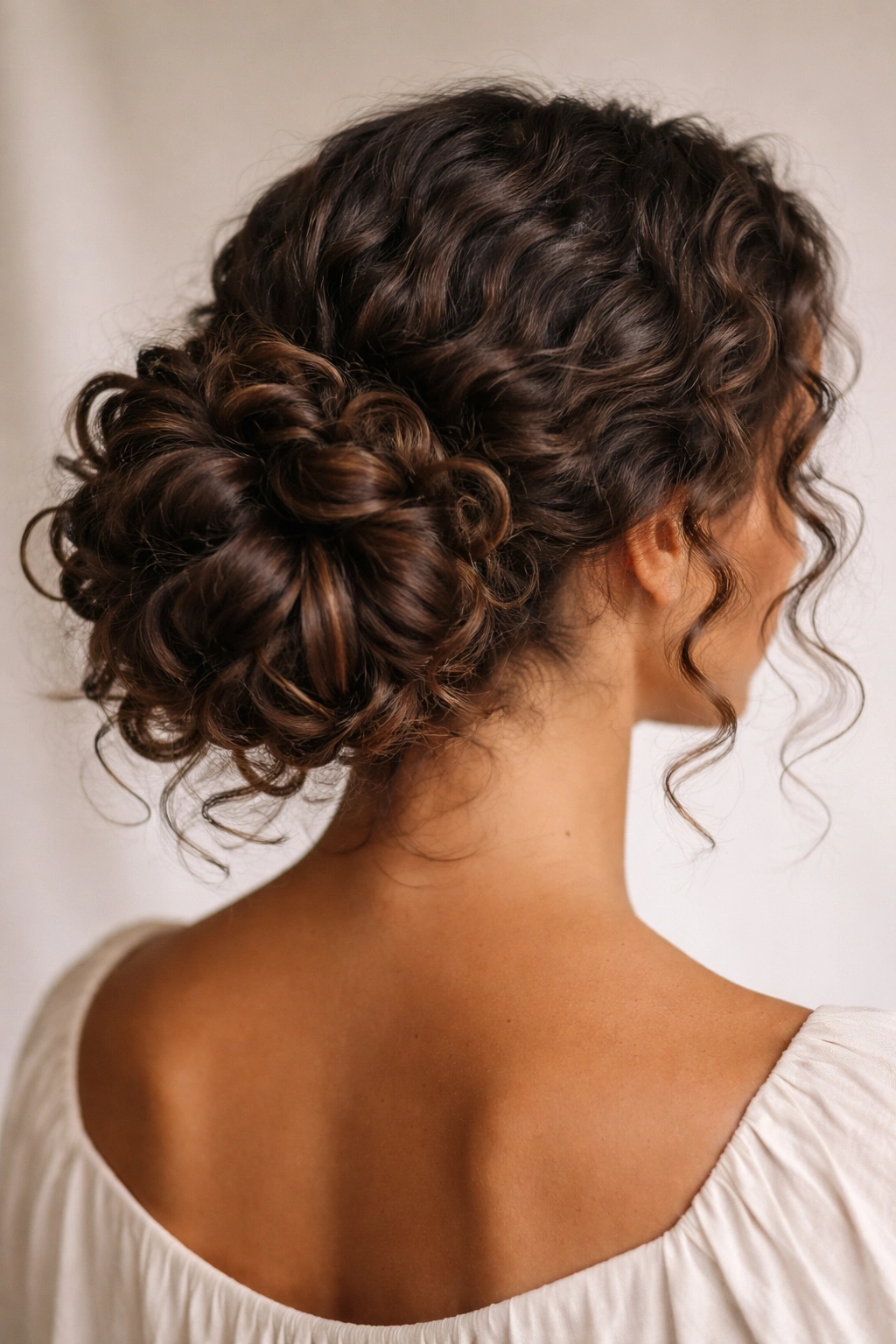 Close-up of a chunky low bun with defined curl sections on thick curly hair