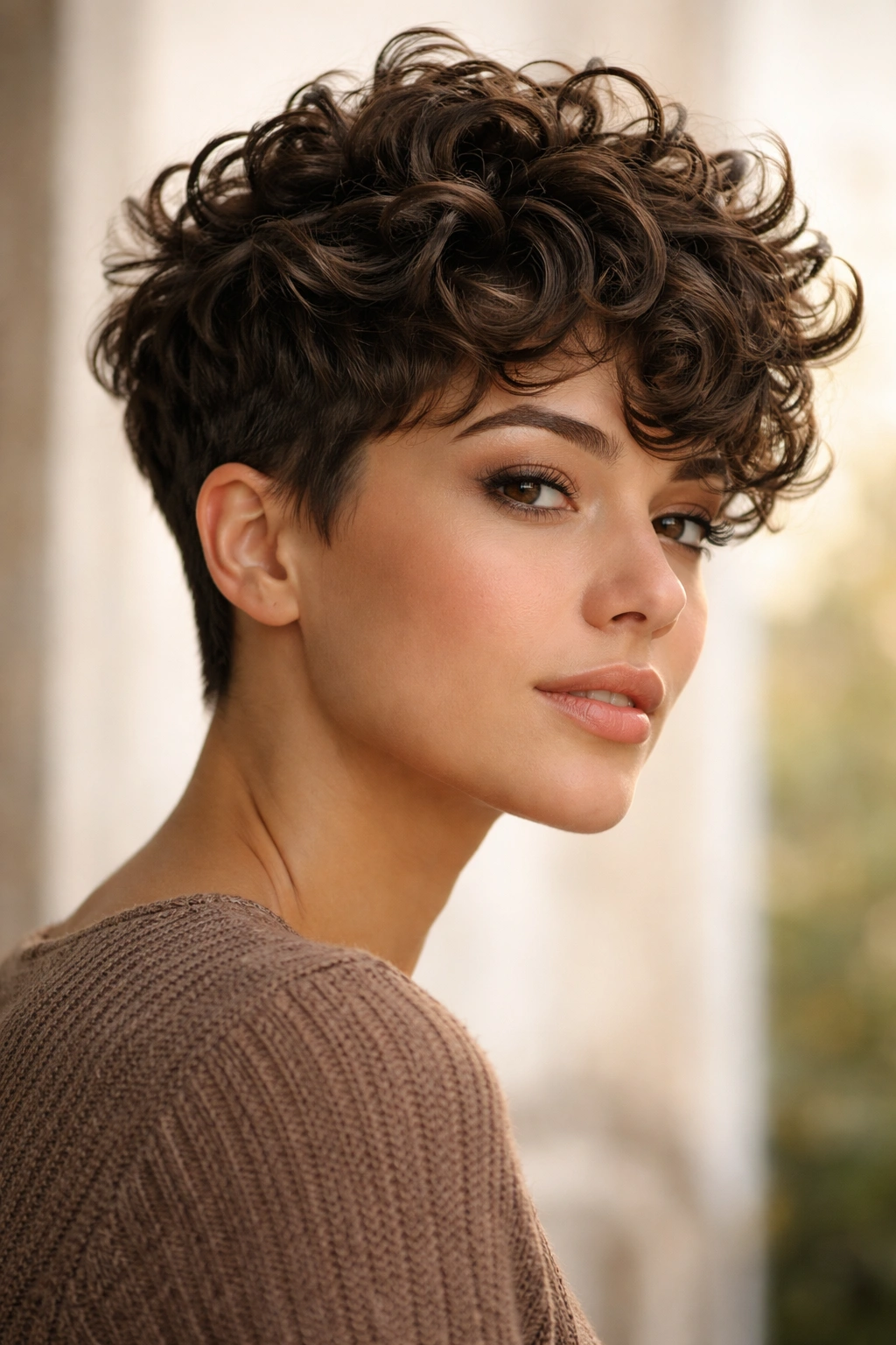 Three-quarter view of a chunky layered curly pixie with defined curl segments.