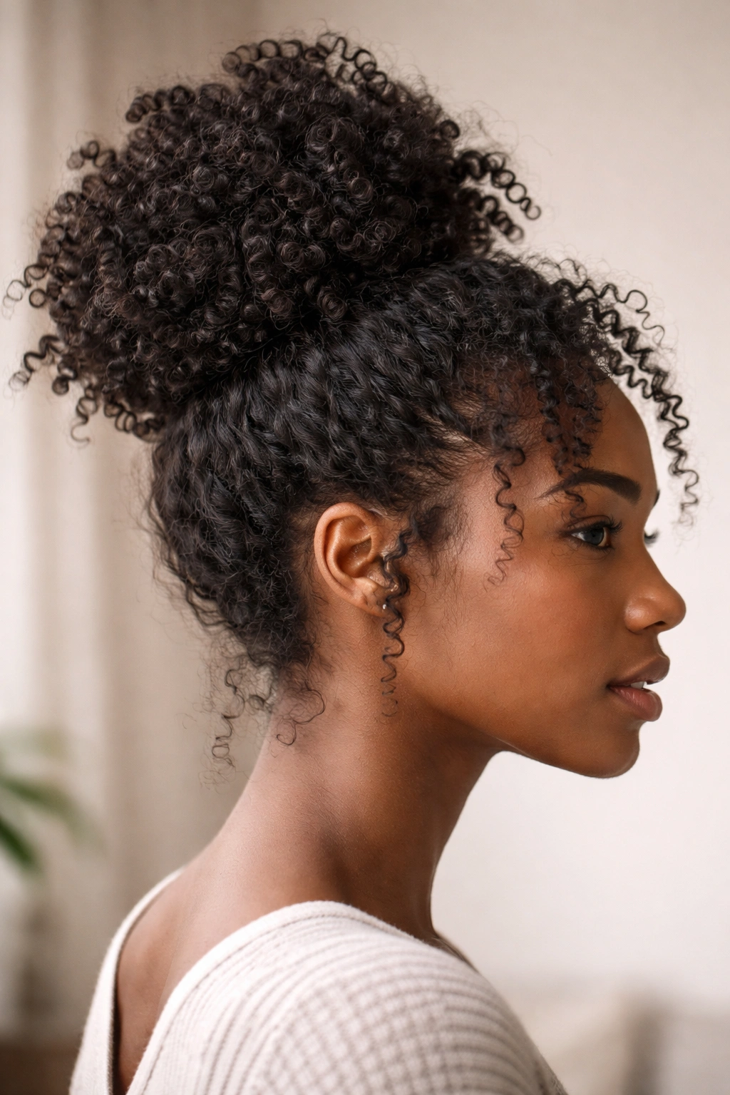 Close-up of a high, chunky textured bun with defined coils