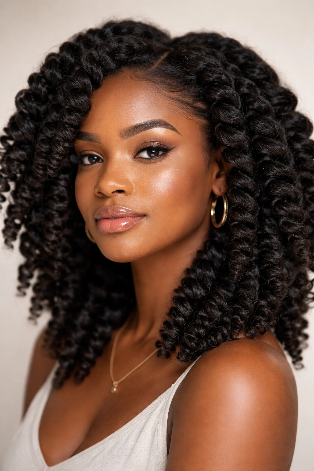 Chunky twist out with large curl clusters.