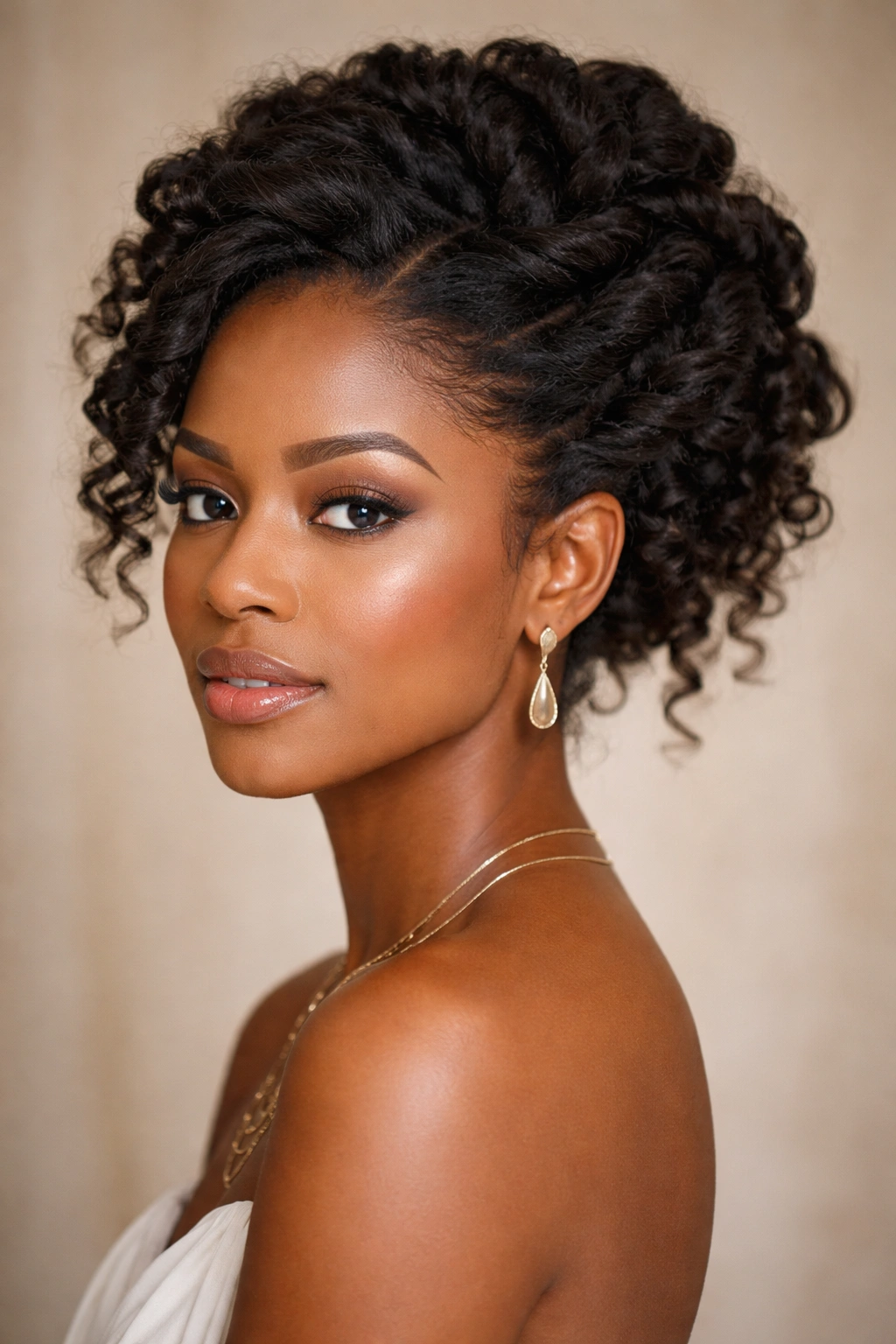 Chunky twist updo with exposed curls on a stylish woman, studio lighting