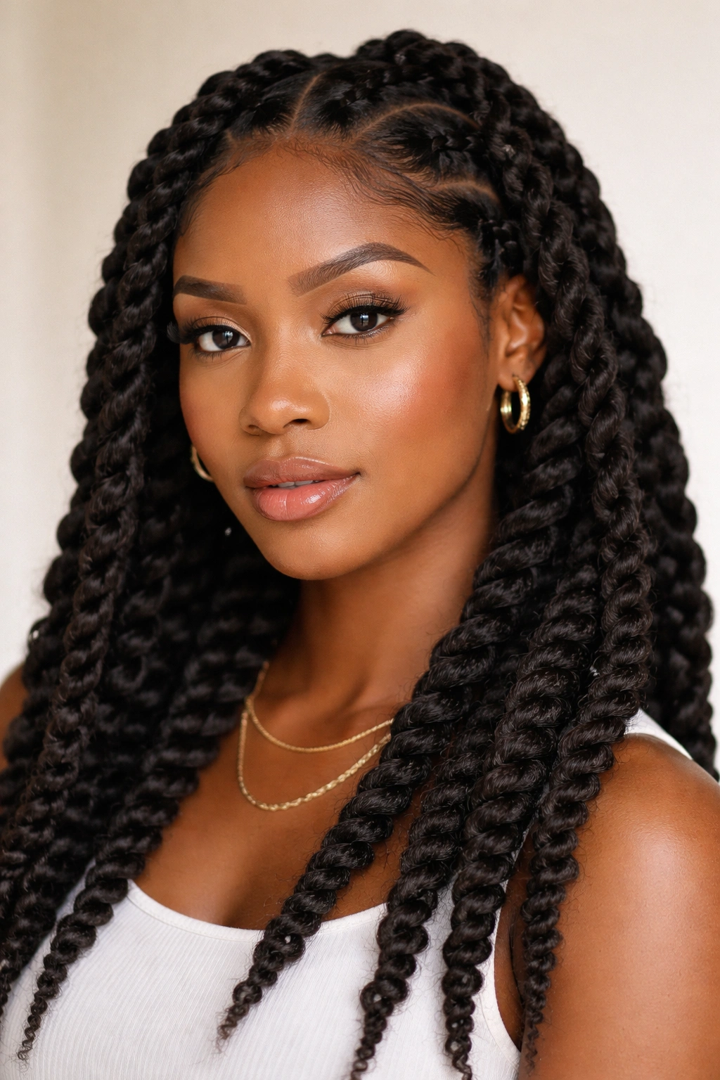 Close-up of chunky twisted braids across the head