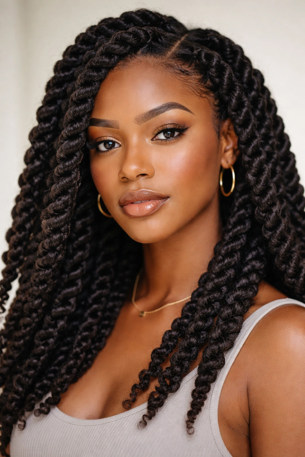 Close-up of chunky twists with large sections and shiny texture