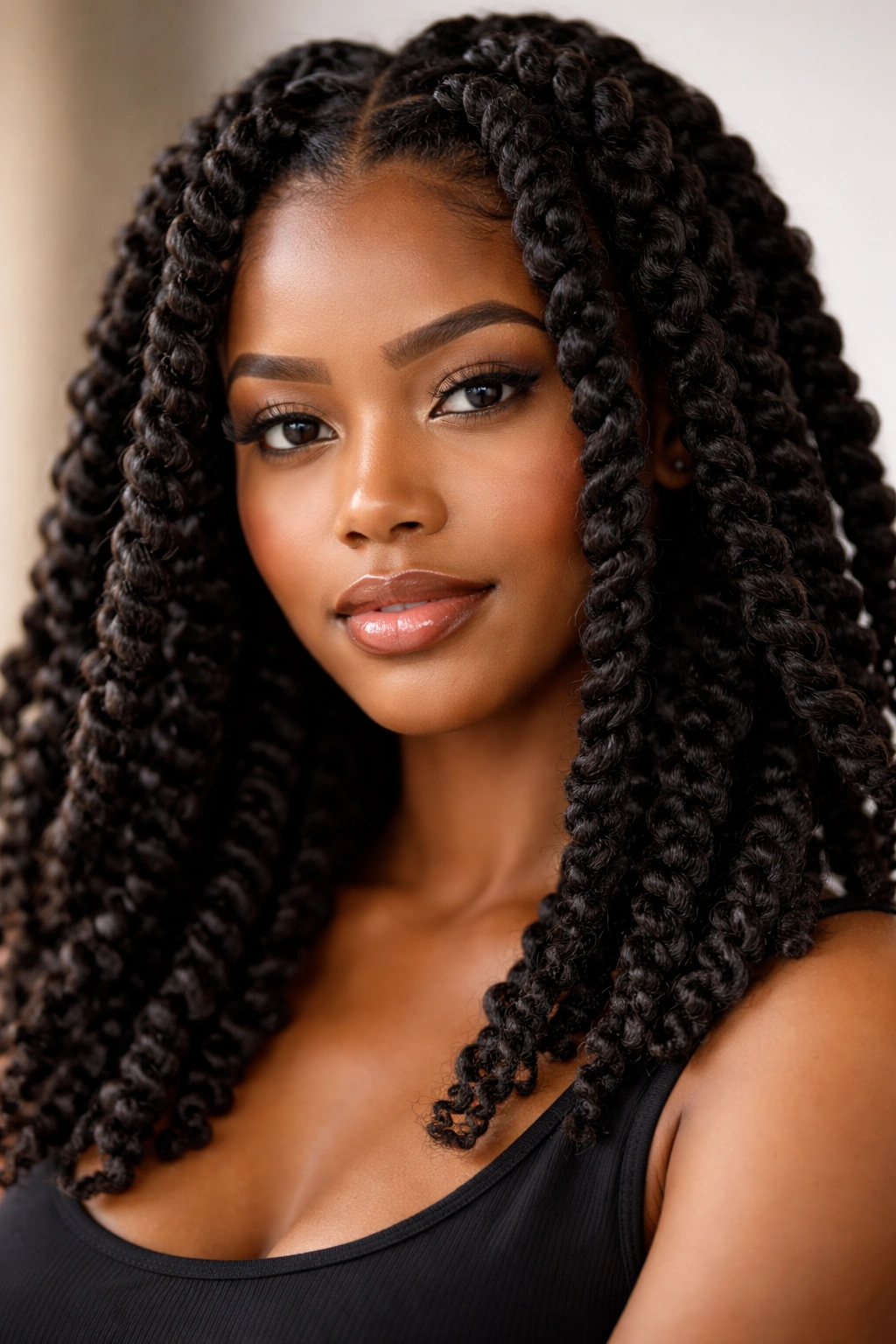 Close-up of chunky two-strand twists on natural hair with defined spirals