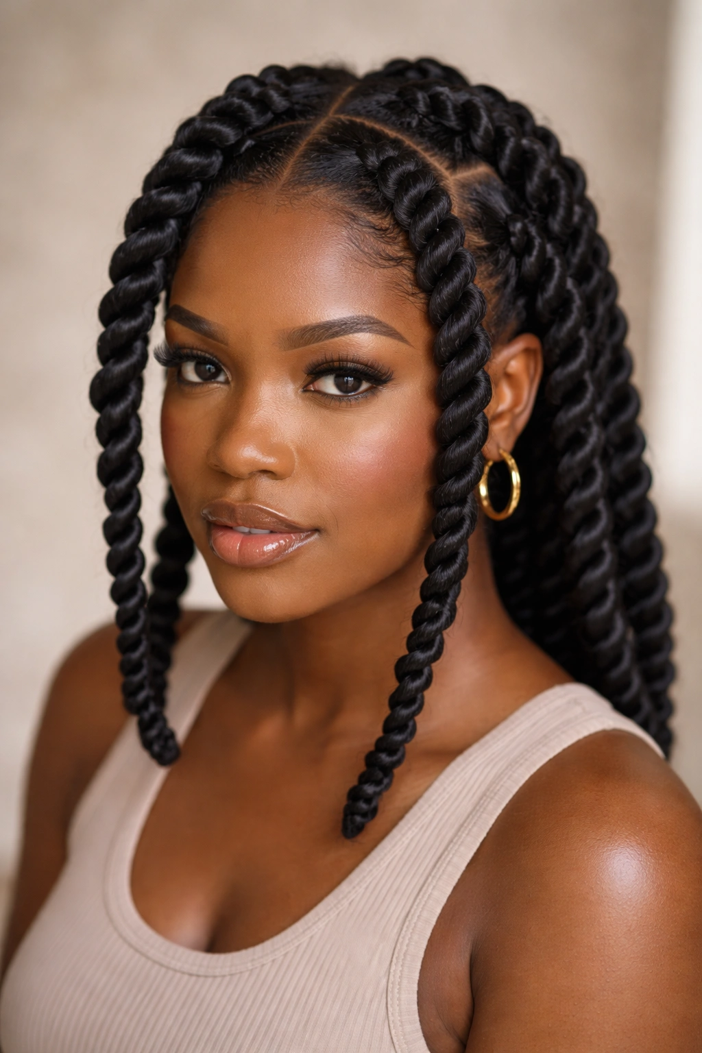 Thick chunky two-strand twists arranged across the head