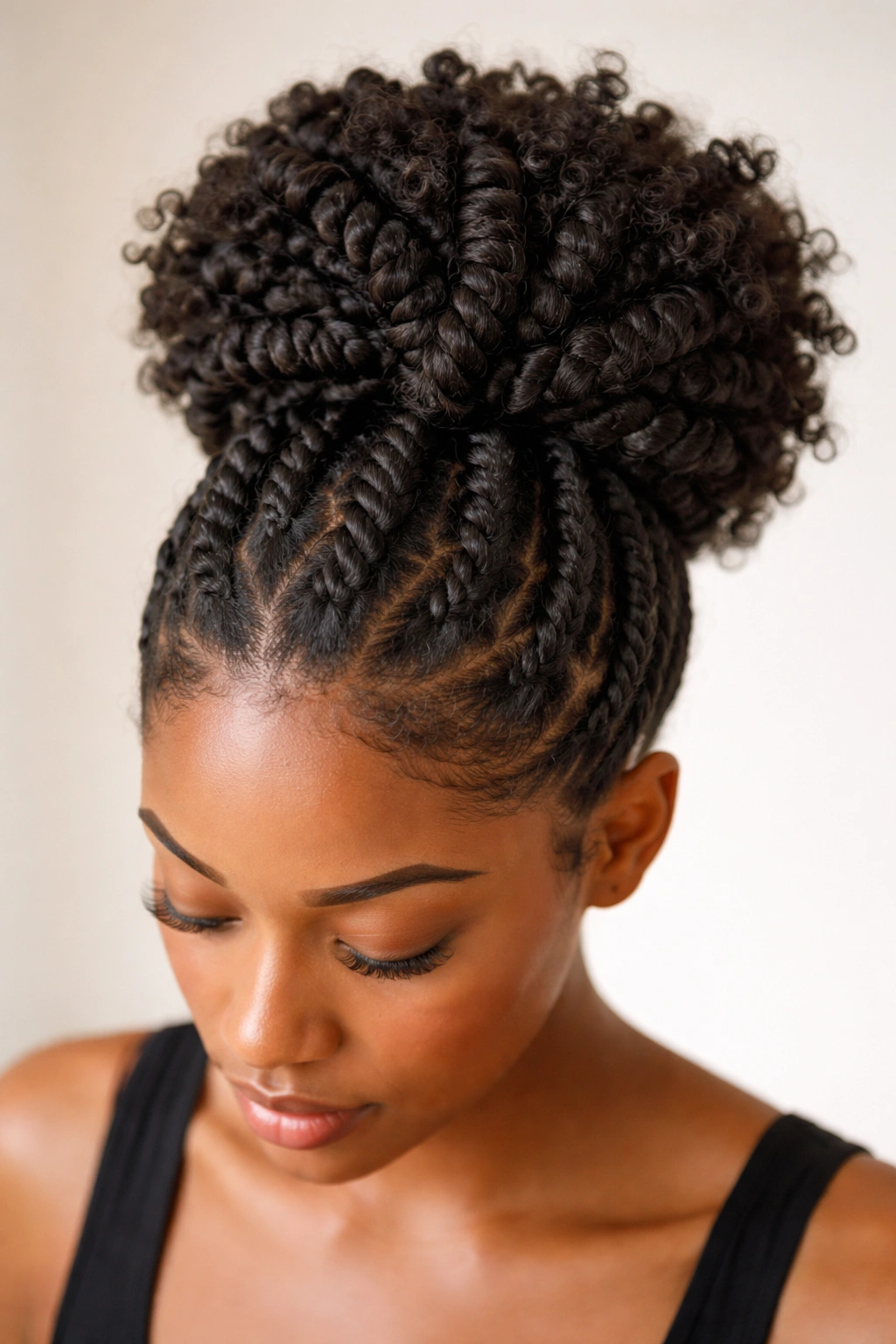 Close-up of thick two-strand twists forming a crown puff on top of the head