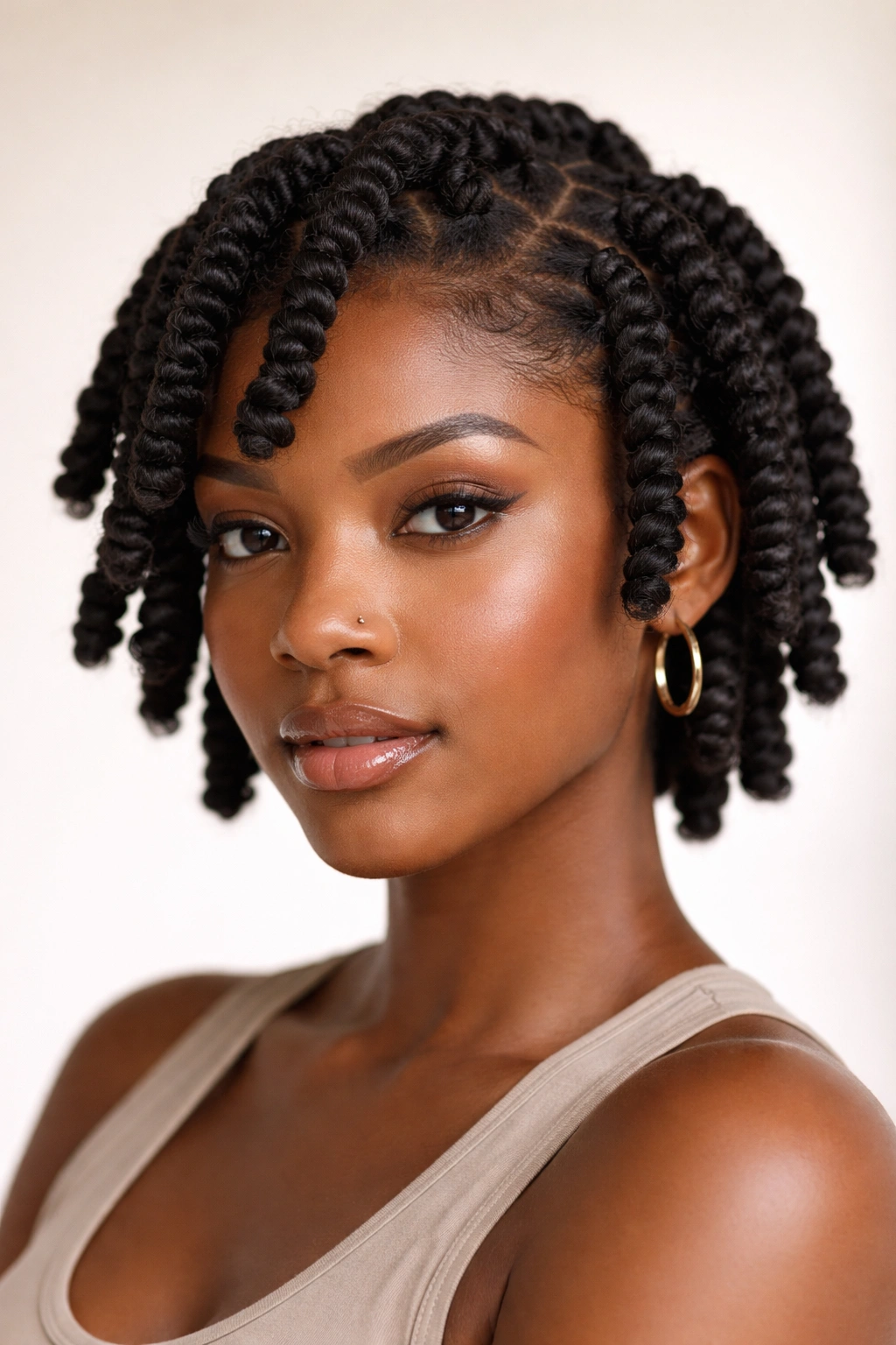 Close-up of short afro with chunky twists forming bold, thick spirals