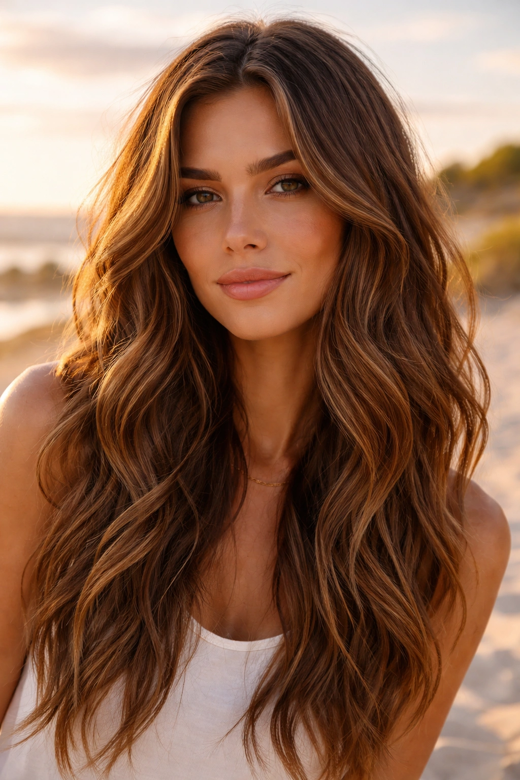 Close-up of cinnamon brown hair with beachy sun-kissed waves