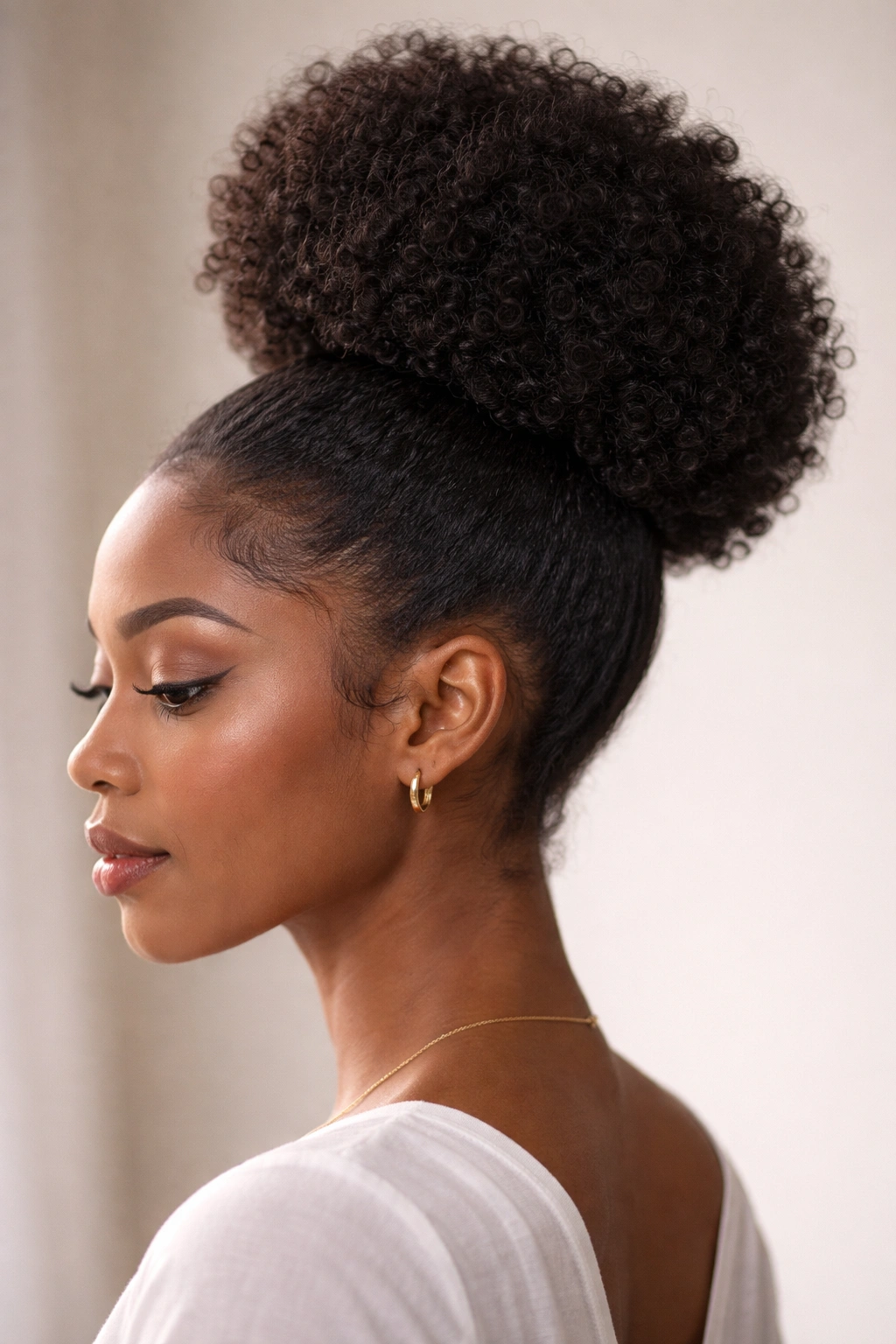 Close-up of a high afro bun at the crown with voluminous natural curls.