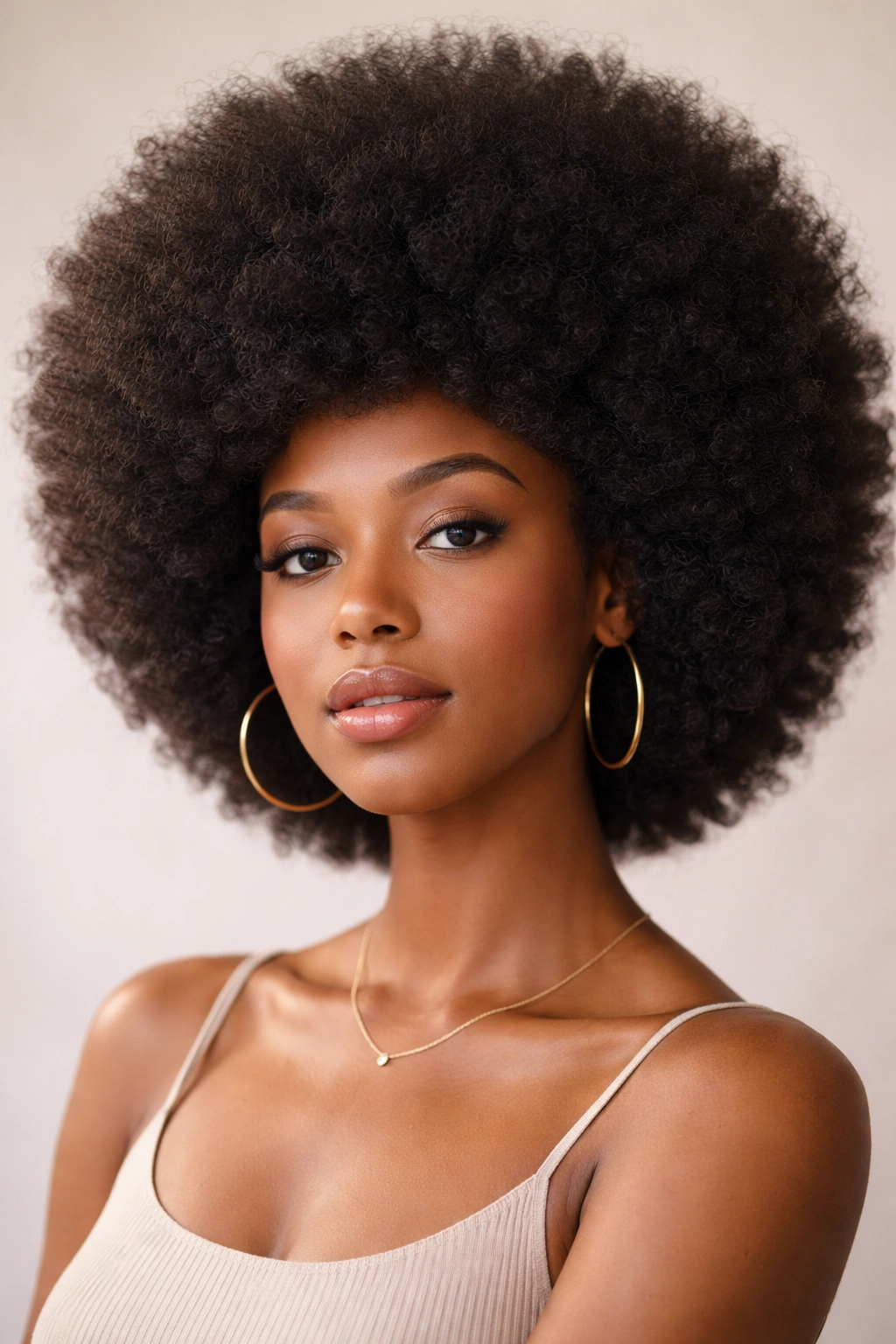 Close-up of a person with a full rounded Afro showing textured curls