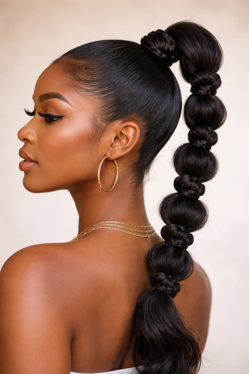 Back view of a high ponytail featuring neatly formed bantu knots along the length.