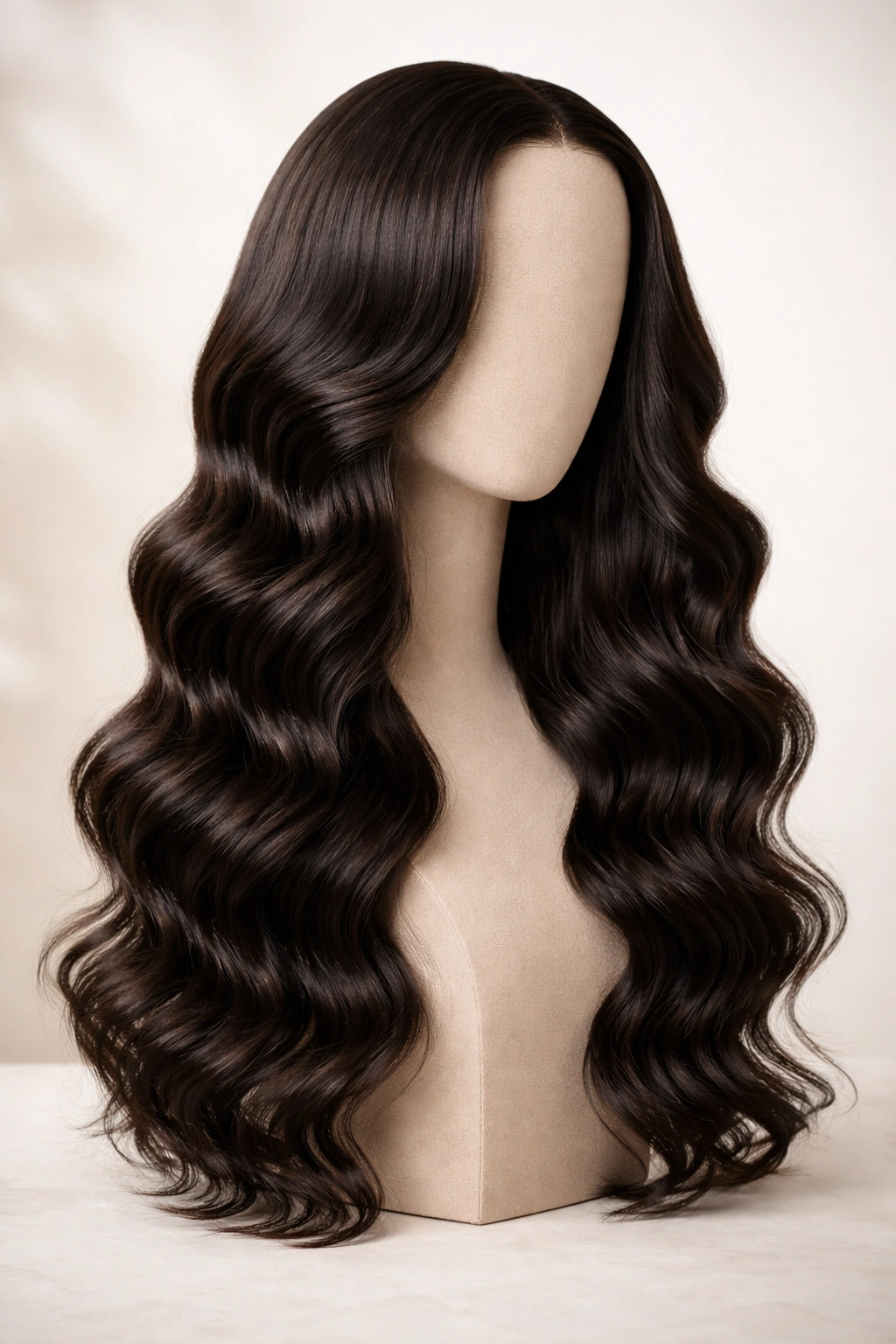Close-up of a Classic Body Wave wig on a head form with loose natural-looking waves