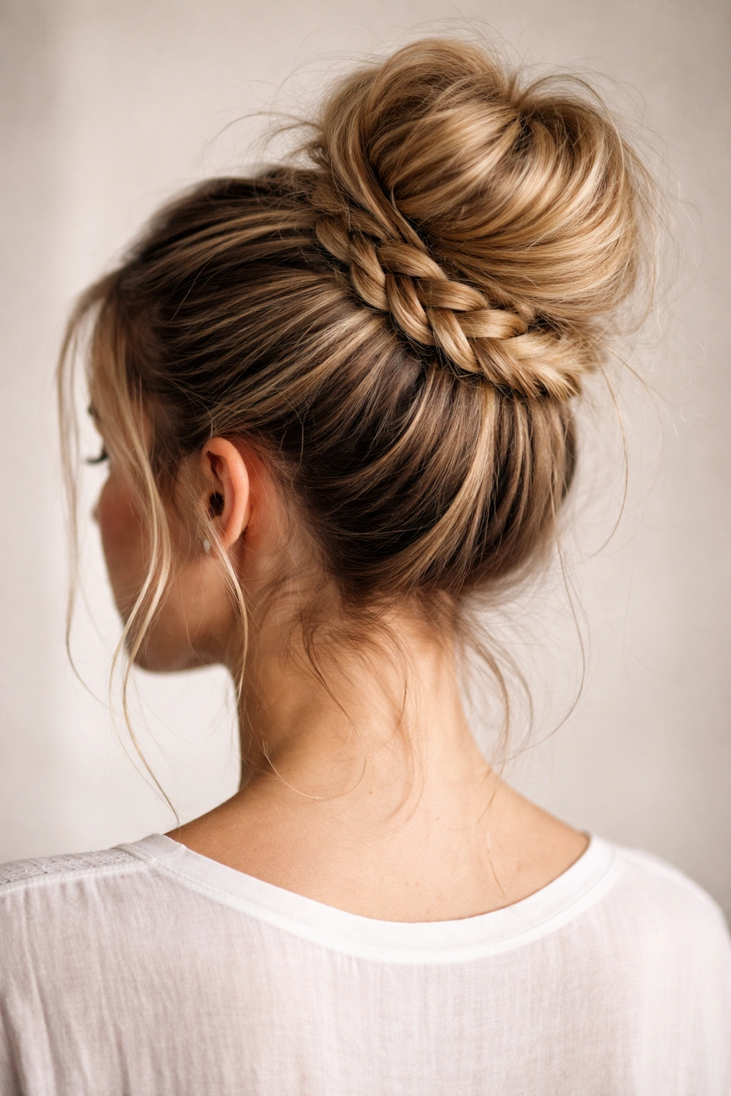 Close-up of a messy bun with a braid wrapped around its base, soft hair texture
