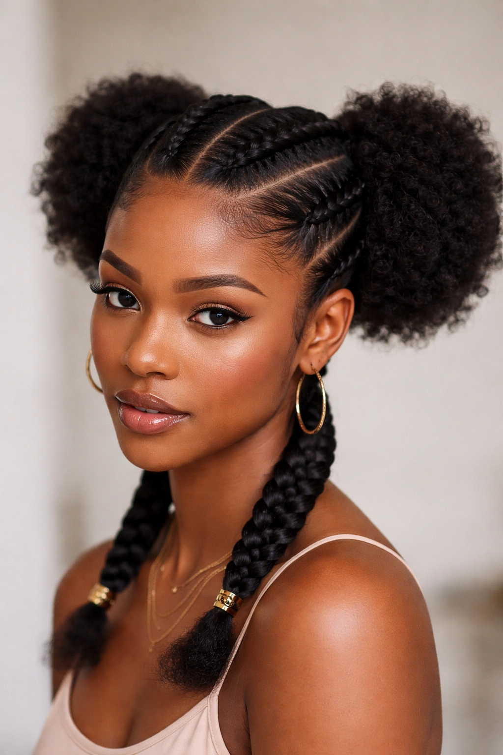 Close-up of Classic Dual Cornrows with Side Afro Puffs hairstyle showing twin cornrows and two high puffs