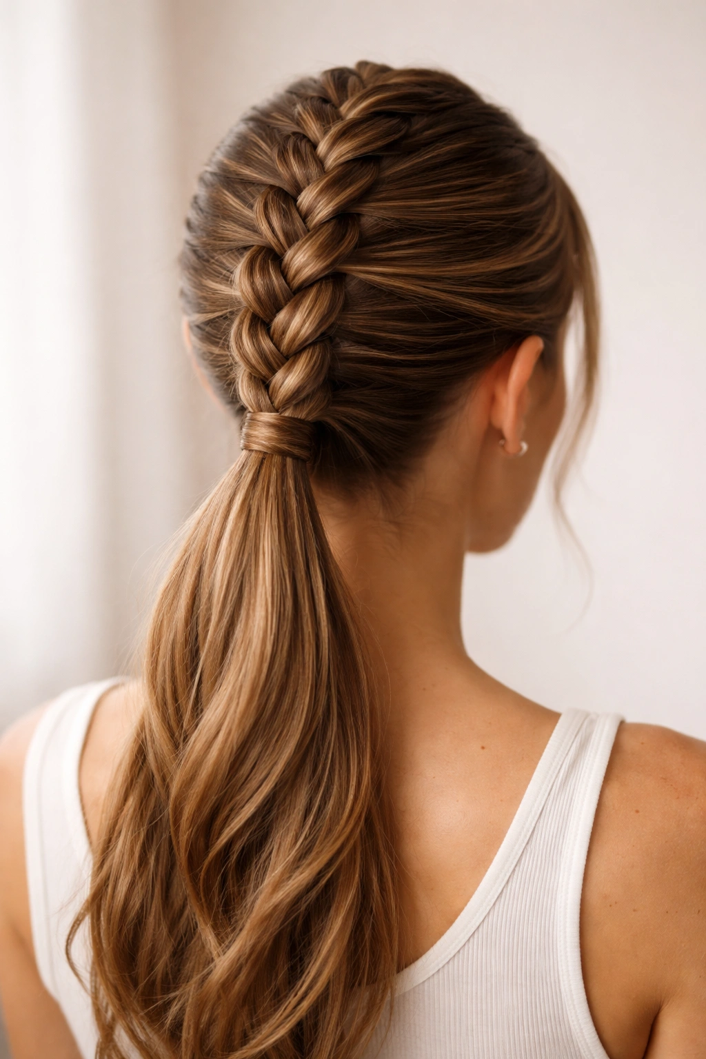 Close-up of a single Dutch braid from crown to nape ending in a ponytail