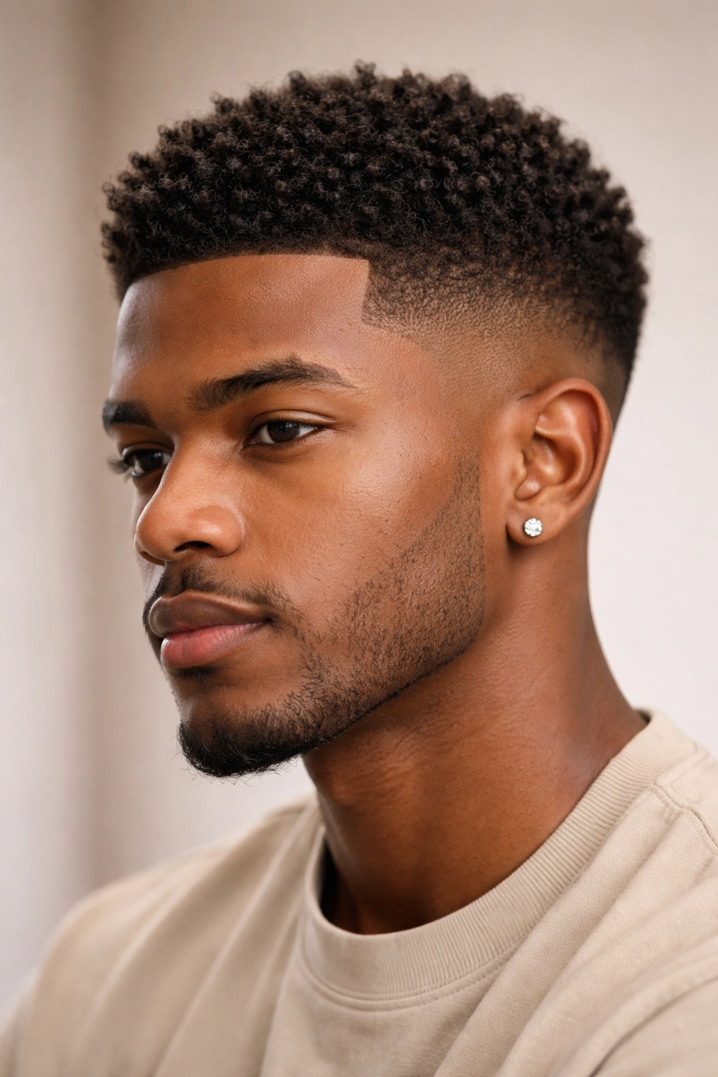 Close-up of a classic fade afro hairstyle with long top curls and sharp faded sides.