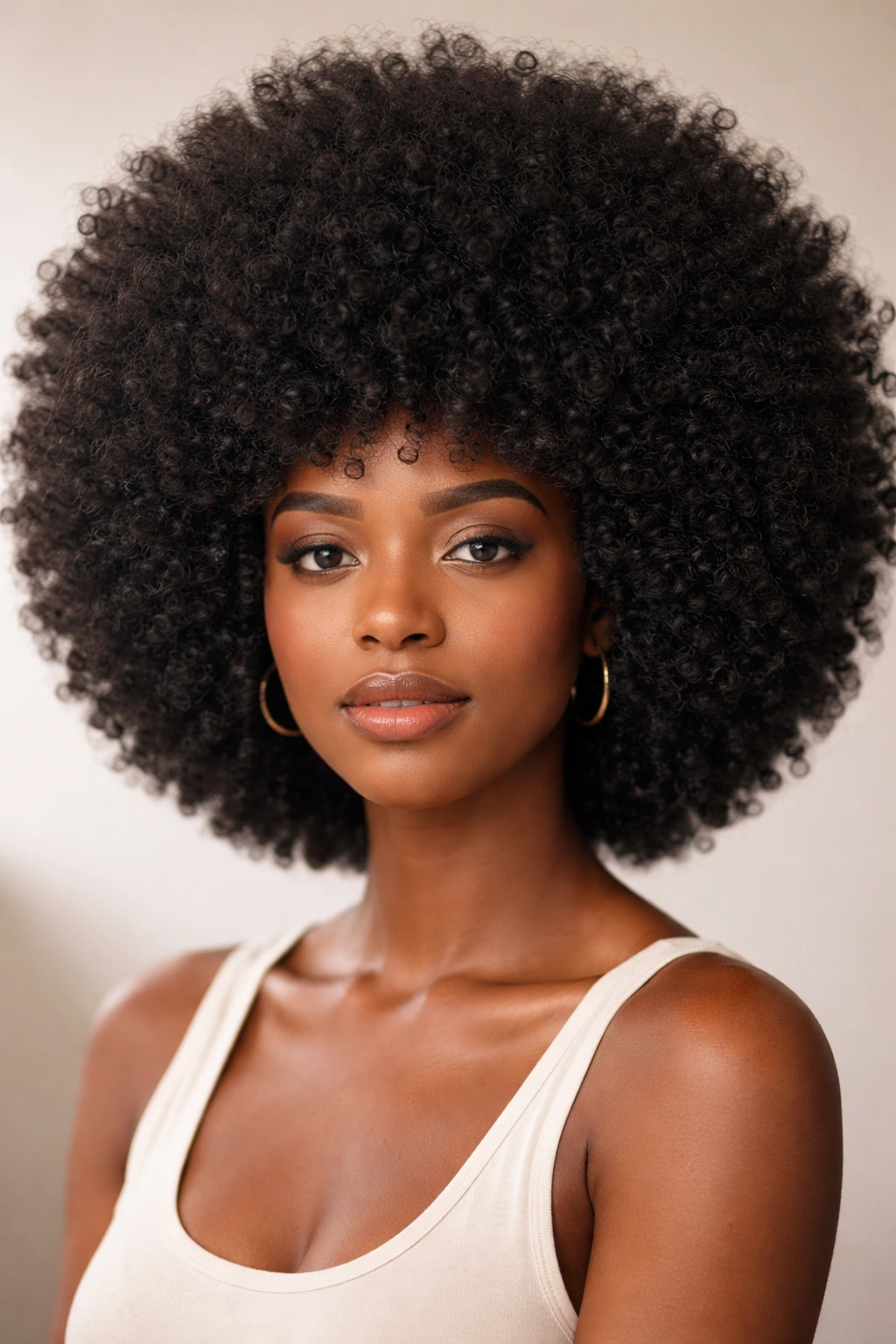 Close-up of a person with a full 4C Afro hairstyle in a neutral studio backdrop