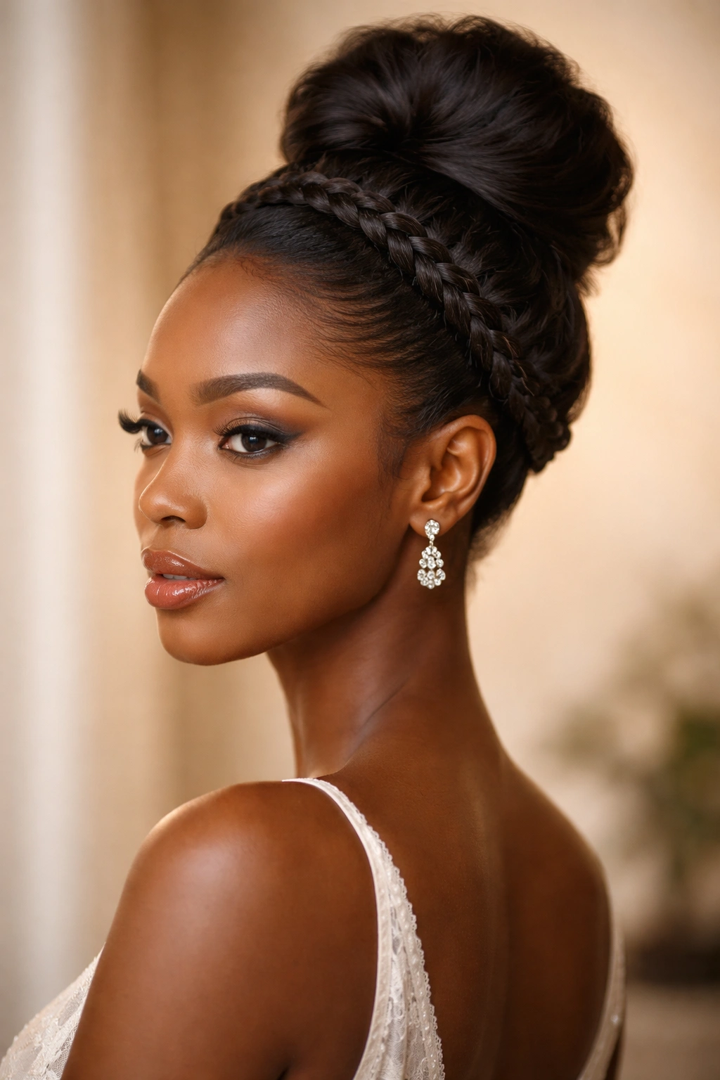 Close-up portrait of a person with Afro-textured hair in a classic high bun with a braided crown