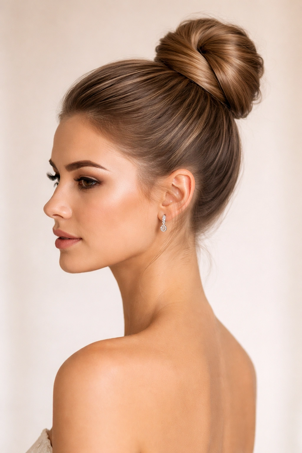 Close-up of a sleek high bun ponytail with polished hair at the crown