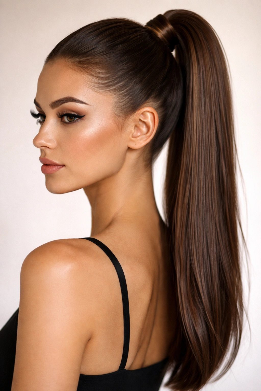 Close-up of a classic high ponytail at the crown with sleek glossy hair