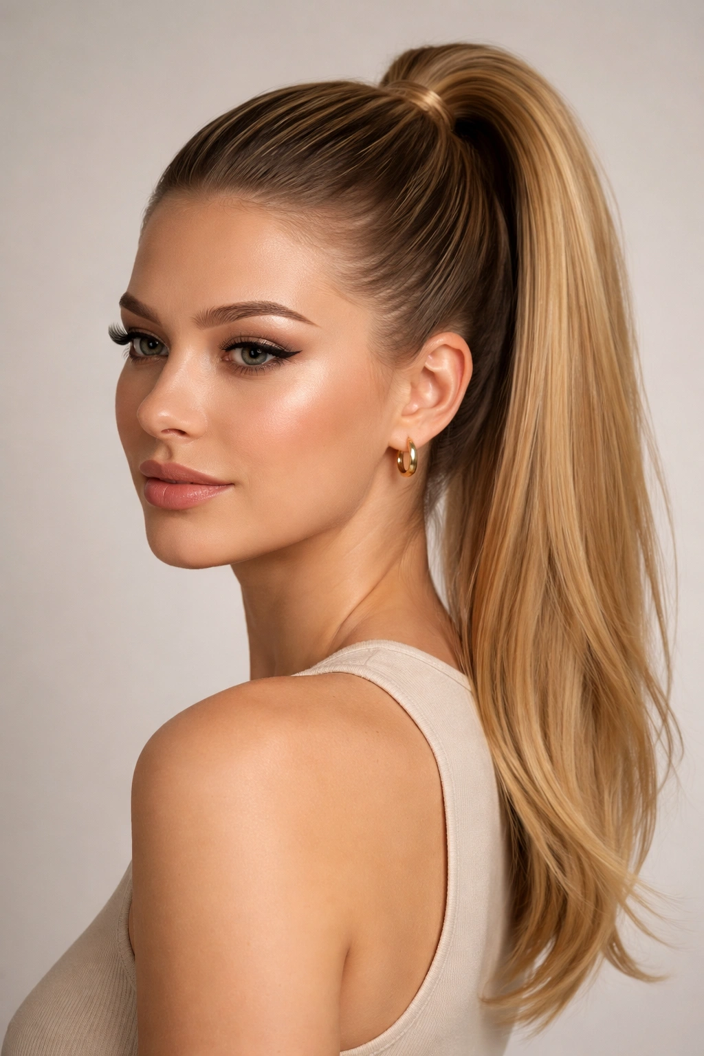 Close-up of a classic high ponytail with a sleek, polished crown