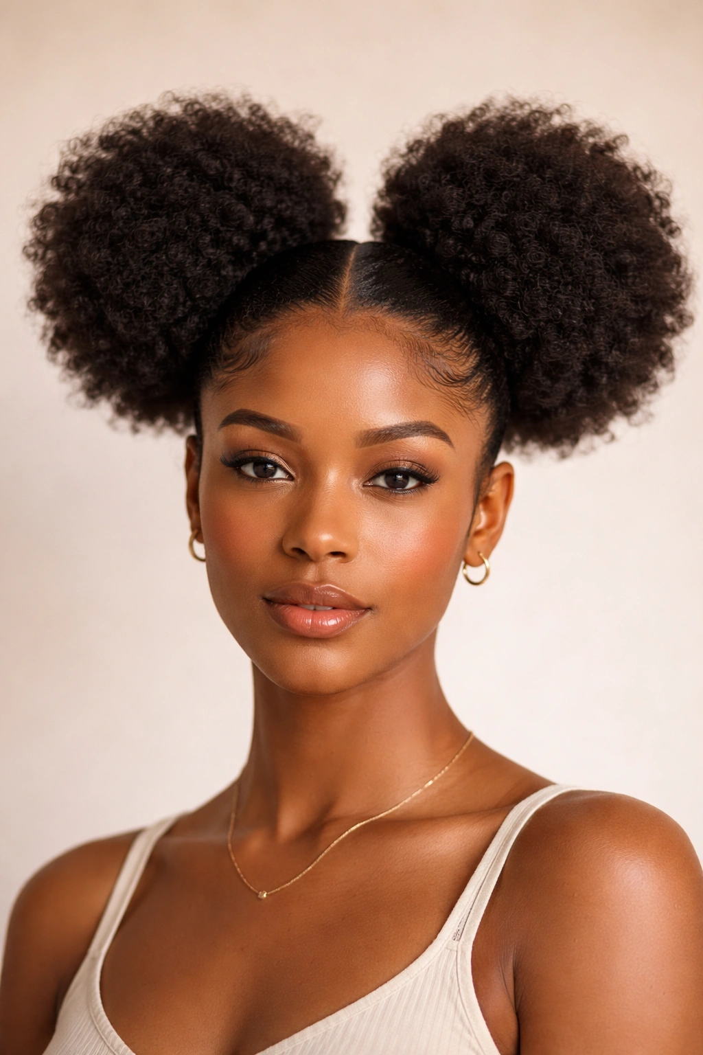 Classic High Puffs hairstyle with two centered voluminous puffs on textured Afro hair.