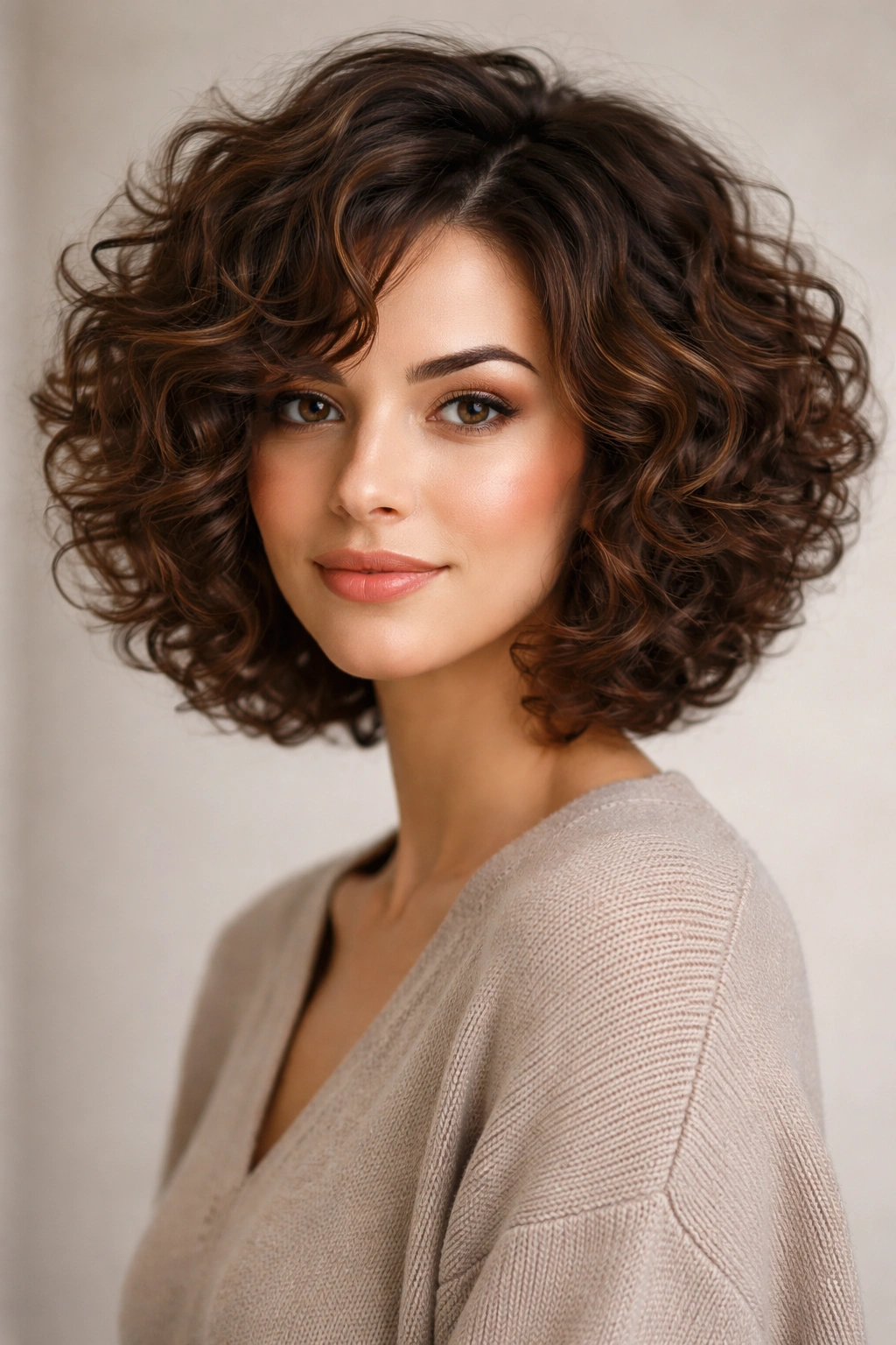 Classic layered inverted bob on curly hair with face-framing front layers.